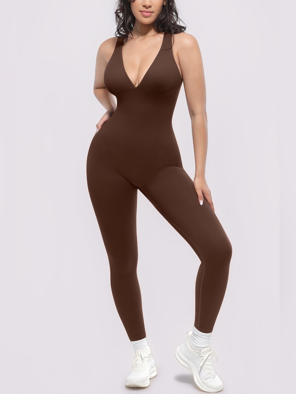 Shapellx Plunge Built-In Bra Shaping Jumpsuit Brown NWOT X Large MSRP $58